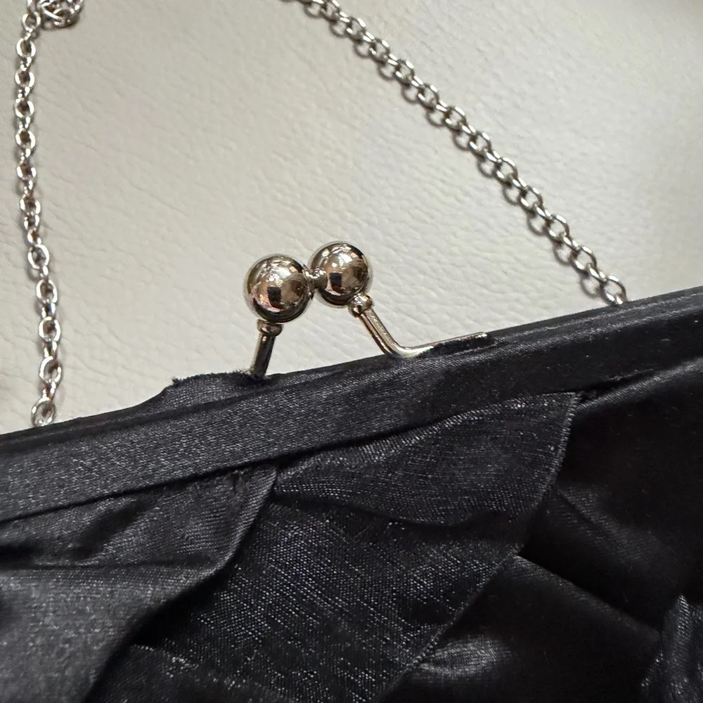White House Black Market Black Satin/Organza Evening Clutch with Silver Hardware - Picture 3 of 8
